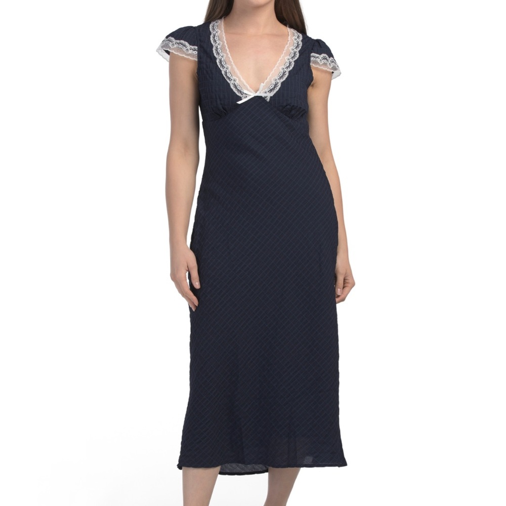 Le Lis Navy Slip Dress with White Lace Trim
